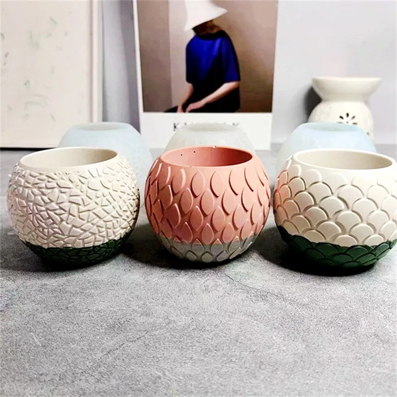 DIY Fish Scale Round Planter Flowerpot Slicone Mold Handmade Cement Candle Holder Pen Holder Resin Mould Home Decor Craft Mold