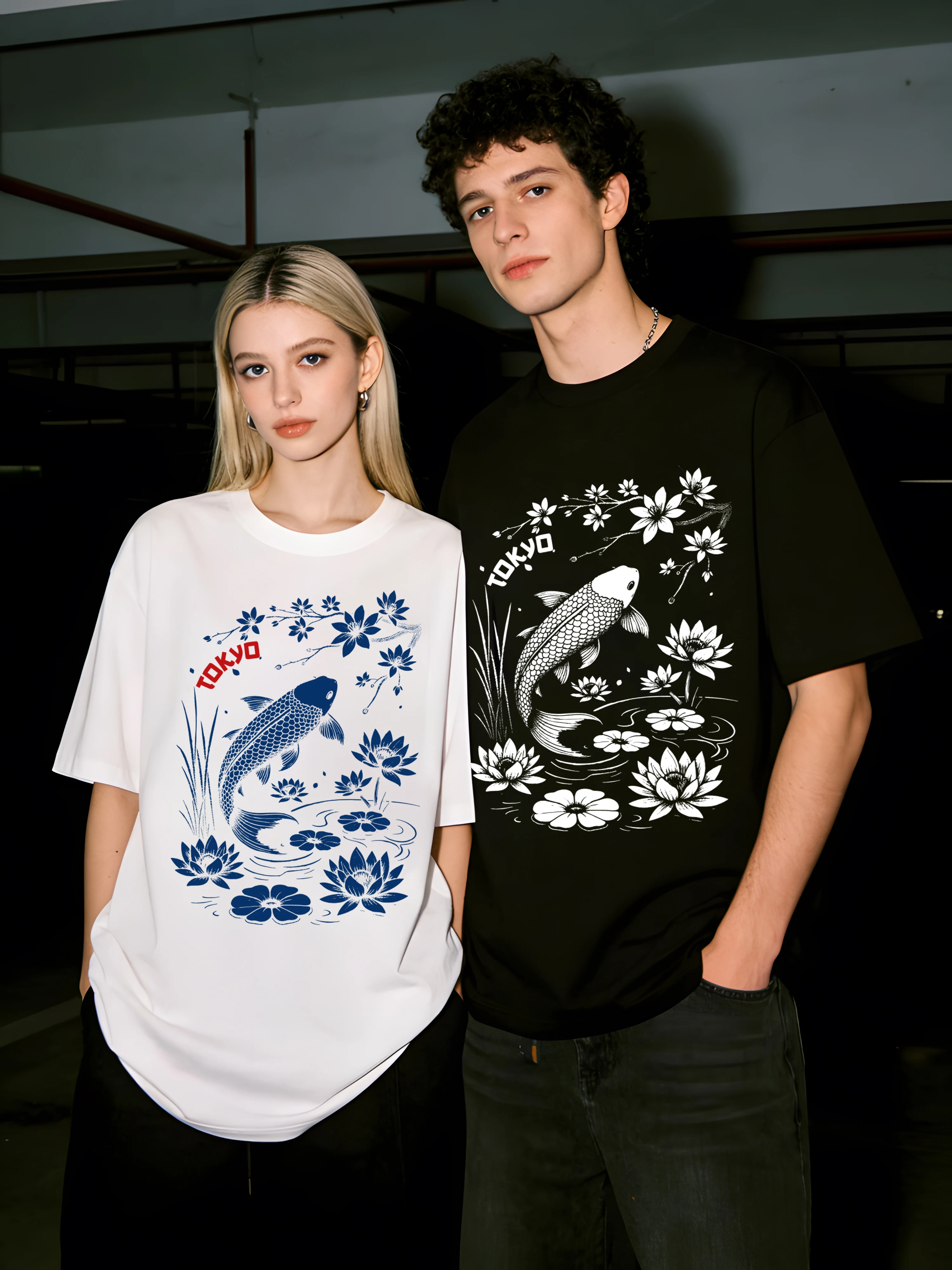 Koi In The Lotus Pond Design T-Shirt Couple Cotton O-Neck T Shirts Summer Loose Clothing Fashion Unisex Retro Short Sleeve