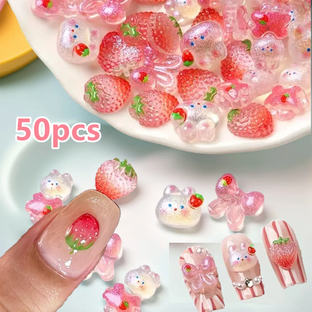 50Pcs 혼합 만화 딸기/토끼/나비 네일 참 플랫 백 수지 딸기 네일 장식 DIY Sweet Girl Bunny Nail Parts