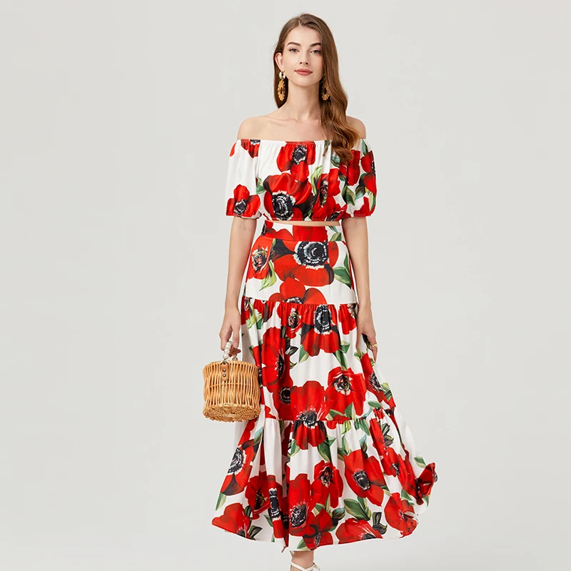 JAMERARY Summer Runway Brand Designer Floral Print Sexy Two Piece Women Sets Slash Neck Cropped Tops Long Maxi Skirts Suits