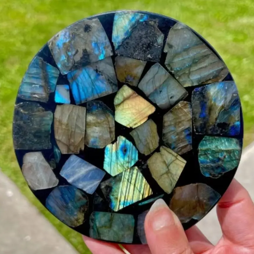 A set Natural Labradorite Round Slice,Blue Flash Circle Disk Round Plate Scrying Mirror Energy Witchcraft Craft Home Decor
