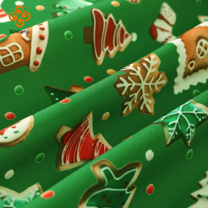 0.5m/1m/2m Christmas Fabric Cartoon Biscuits Print Holiday Decoration Snowflake Holly Leaf Pattern DIY Sewing Bag Tablecloth