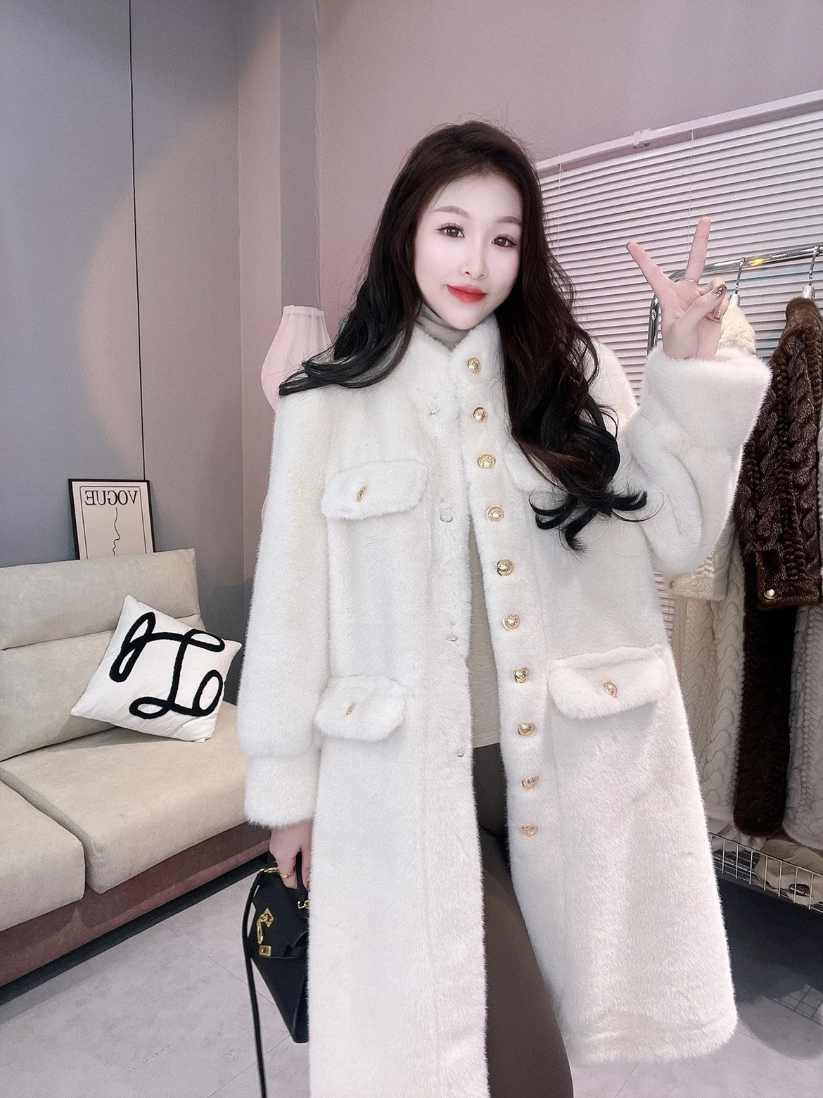 New Arrival Women Winter Mink Cashmere Overcoat Puff Sleeve Elegant Goddess Long Fur Coat Single-breasted Stand Collar Jackets