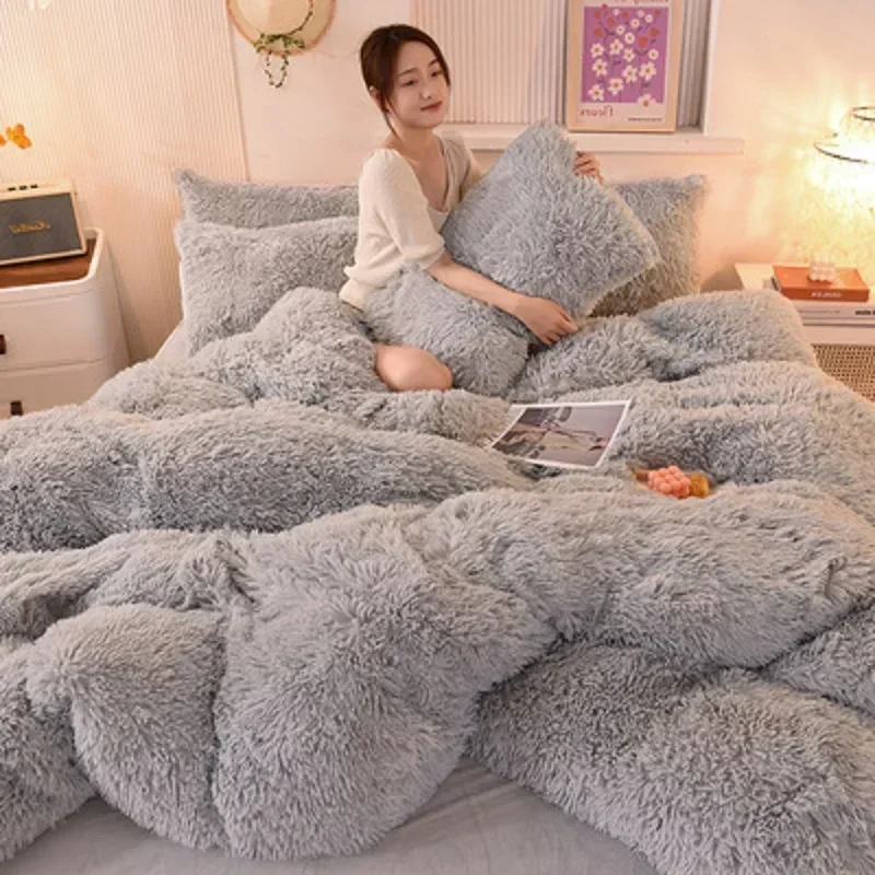 

Winter Thickened Warm Light Gray Plush Four Piece Set AB Face Plush Quilt Cover Ded Sheet Plush Textile Dedding For Adults