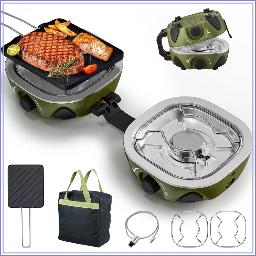 

2 Burner Camping Stove, 20000 BTU Foldable Propane Stove with Adjustable Burners, Wind-Resistant Dual Gas Stove with Portable Handle, Bag & Grill Pan for Camping, BBQ, RV, Tailgating