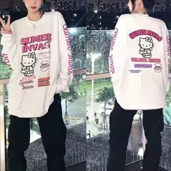 Sanrio Hello Kitty American Hip-hop Trend Long Sleeve T-shirt Simple Niche Pure Cotton Women Tees New Loose Casual Versatile Top