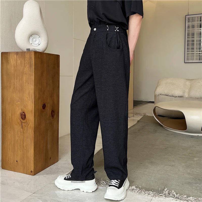 

Модные повседневные брюки прямого кроя на весну с двойным поясом, имитация денима, свободные, в корейском стиле, с металлическими элементами, синие