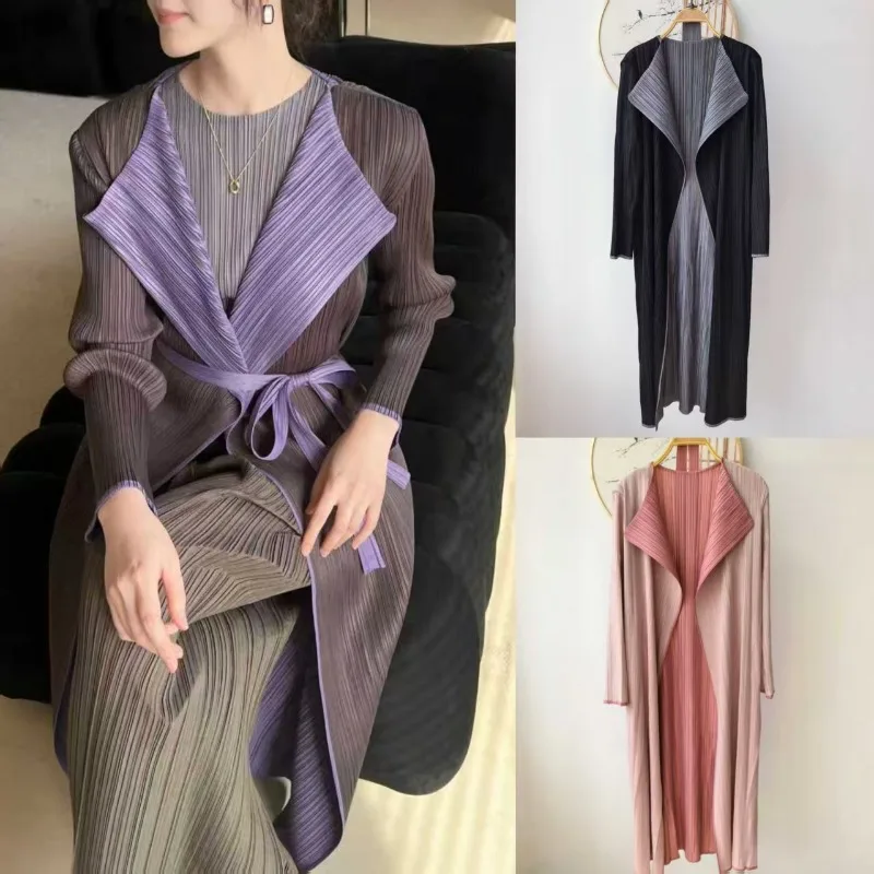 

Miyake плиссированная двухцветная ветровка женская, осень 202, новая свободная повседневная длинная куртка больших размеров, индивидуальная женская одежда