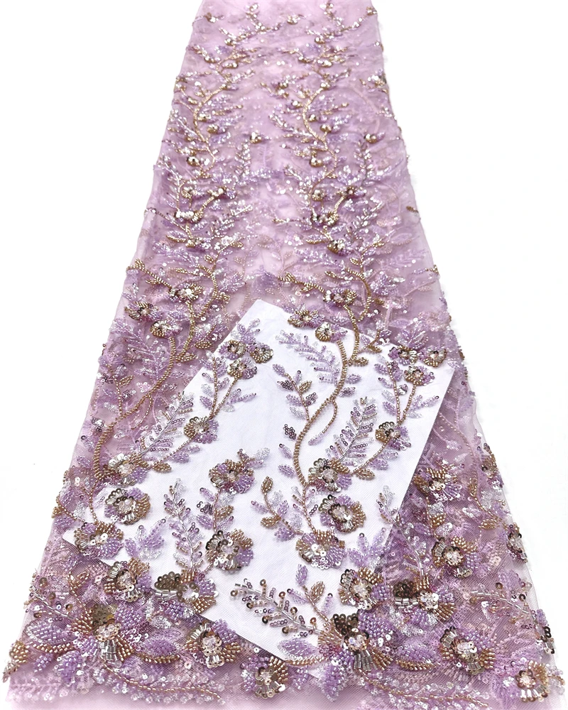 

Luxury Hand Beaded Lace Fabric Bridal Fabric High-end Wedding Fabrics French Nigerian Sequins Beads Embroidered on Tulle