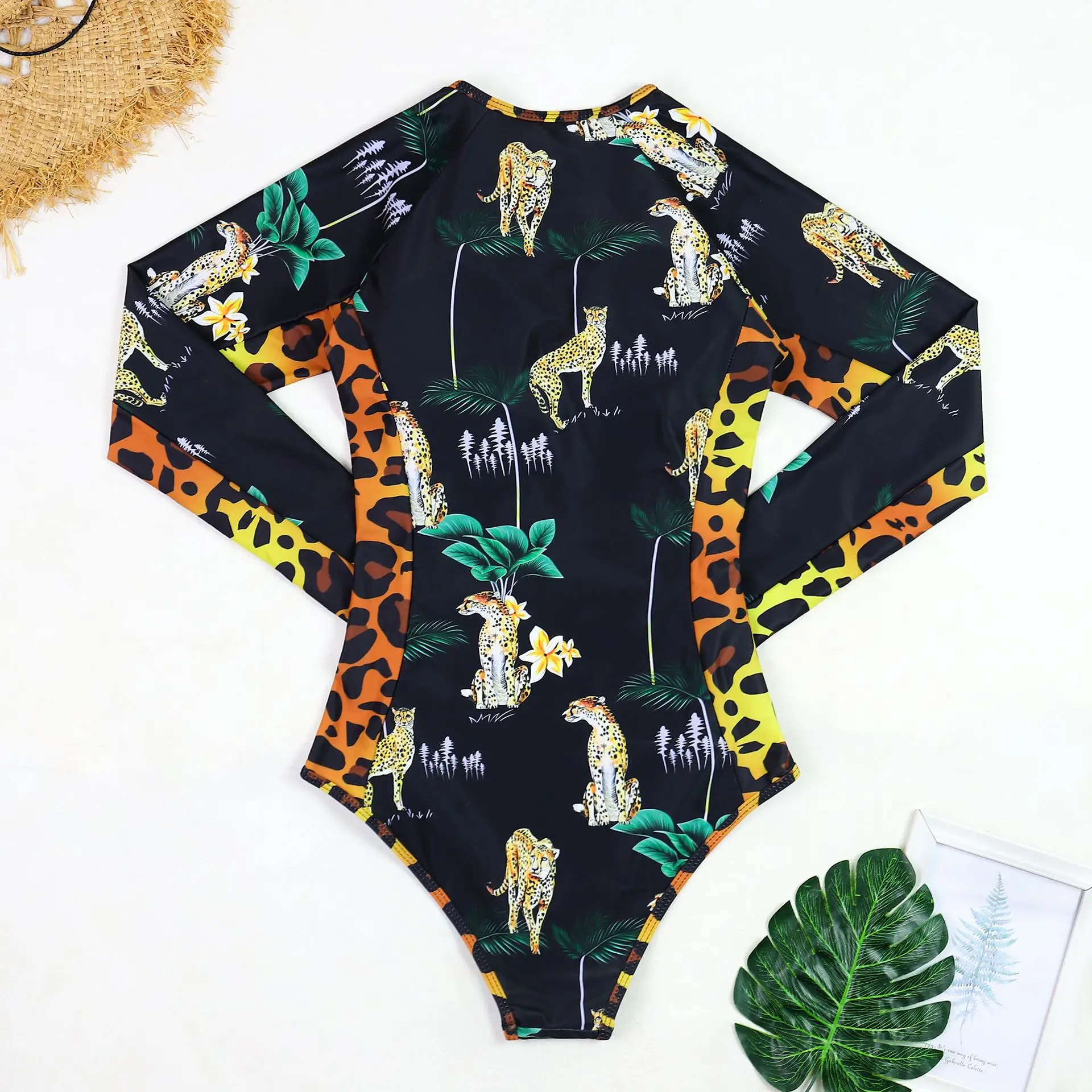 Women's Rashguard Zipper Long Sleeve Surfing Printed Swimsuit Women 2024 One Piece Bodysuit Push Up UV Protection Swimsuit Lady