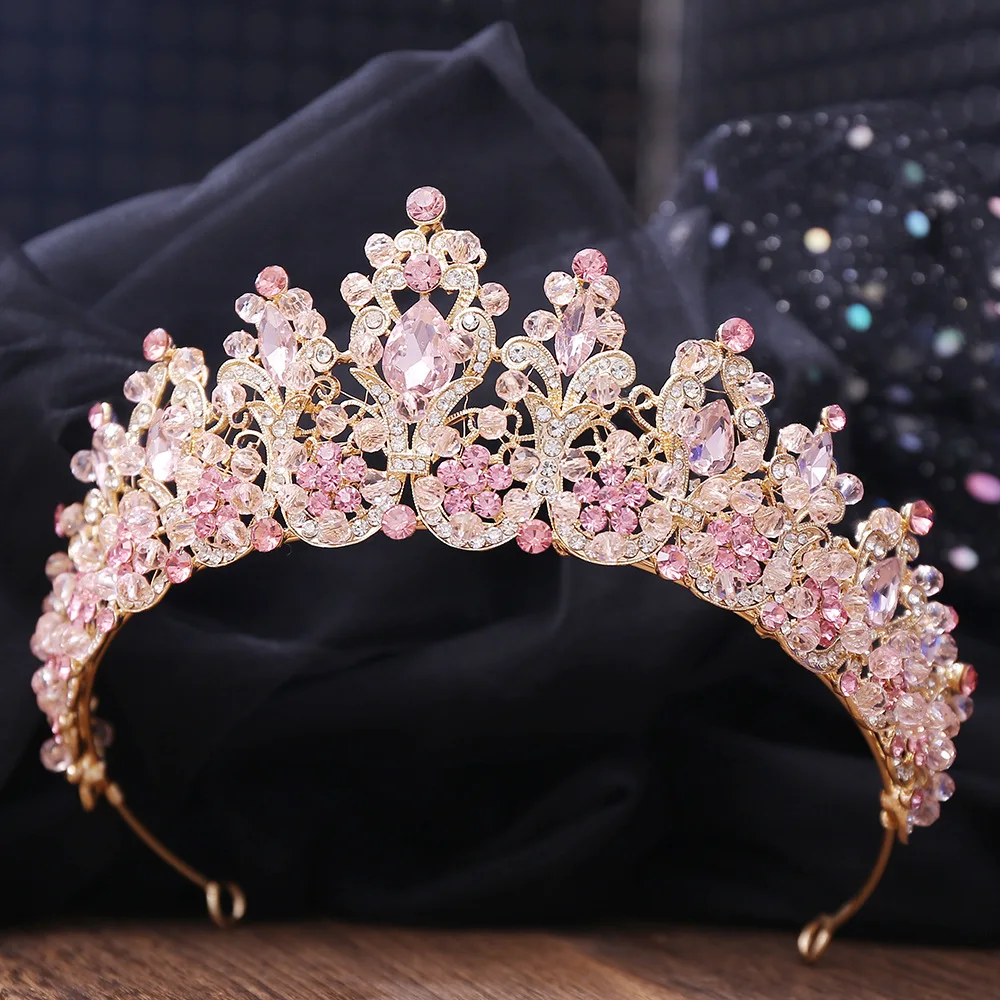 Baroque Pink Crystal Beads Bridal Crowns Handmade Tiaras Bride Headbands Rhinestone Diadem Queen Crown Wedding Hair Accessories