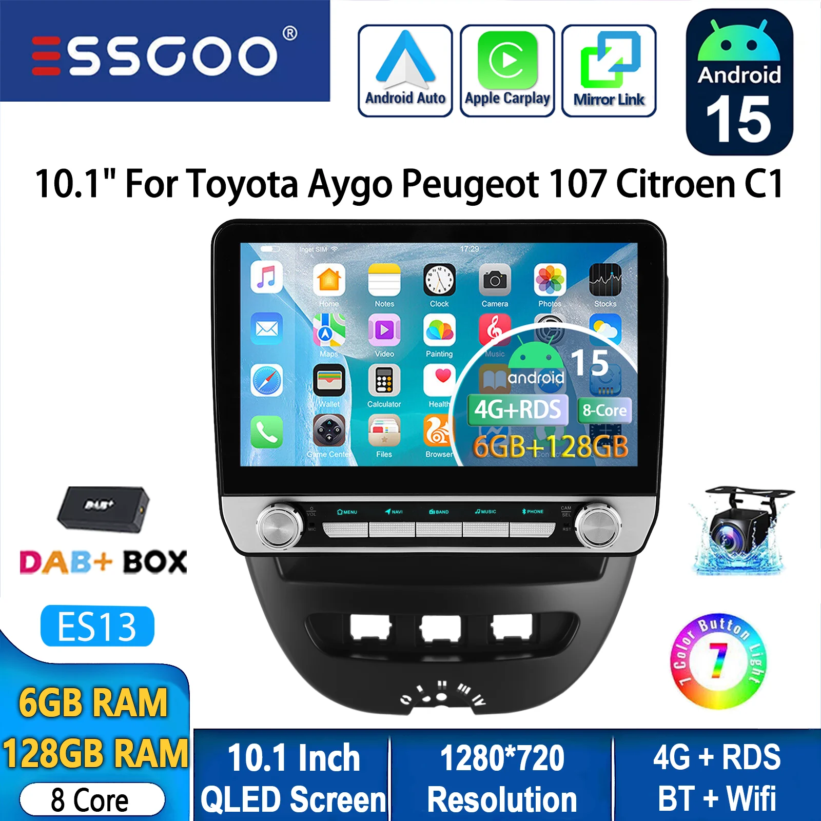 Autoradio ESSGOO Android 15 10.1 Inch 6+128 GB voor Toyota Aygo Peugeot 107 Citroën C1 Draadloze CarPlay Android Auto GPS Navigatie 4G FM AM BT RDS Stuurwielbediening Mirror Link QLED Touchscreen