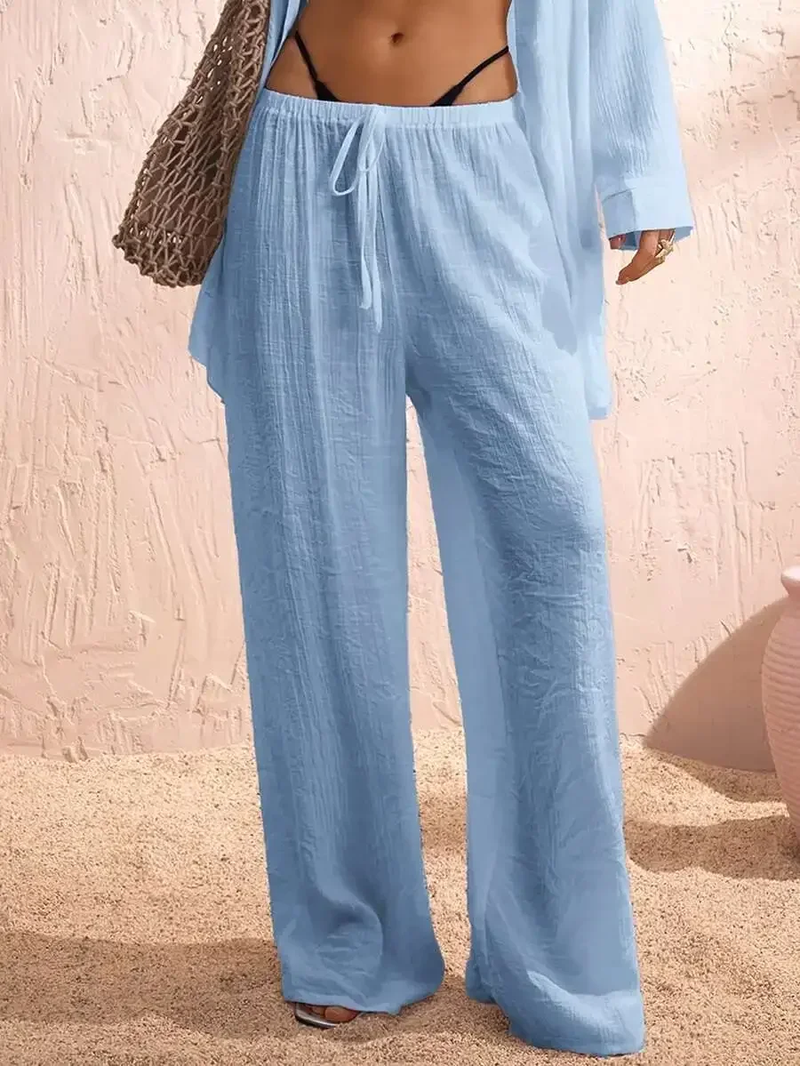 

Women Summer Beach Solid Color Tie Waist Wide Leg Pants