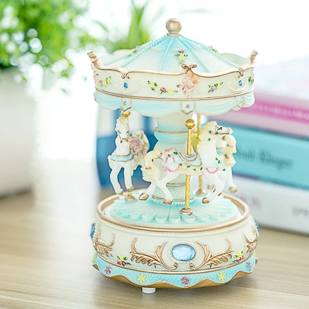 Resin Color Changing Craft Luxury Carousel Swivel Decor Clockwork Mechanism Toys Valentine's Day Kid Music Box Retro LED Light