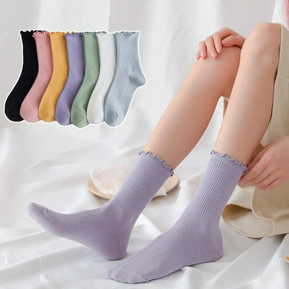 1 Pair Women Winter Socks Shirring Candy Color Keep Warm Anti-shrink Mid Tube Socks Women Kawaii Cute Frilly Ruffle Socks