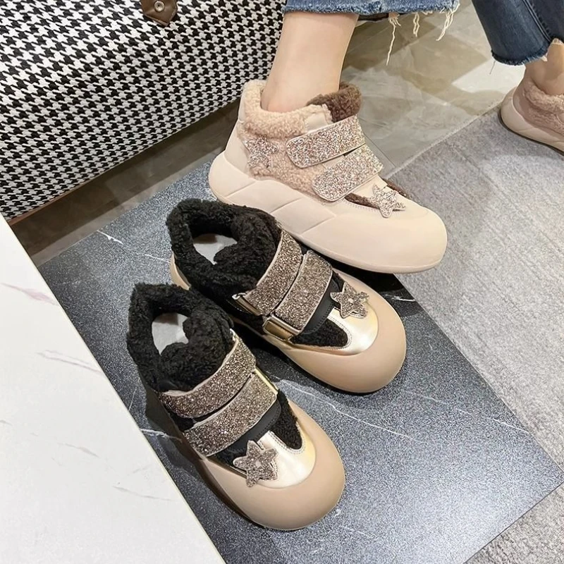 

Child Sneakers Plus Velvet Thick Warm Kids Winter Girls Rhinestone Plush Casual Board Shoes Outdoor Soft Anti-slip Cotton Shoes