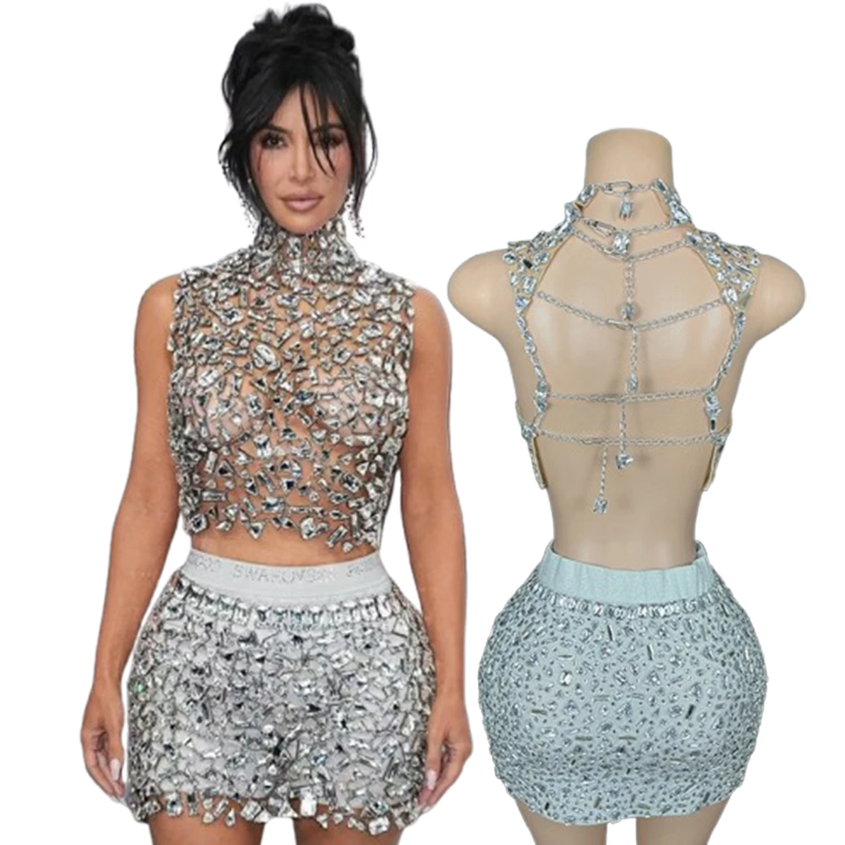 Nightclub bar performance clothes star with the same fashionable neck rhinestone vest short skirt waist