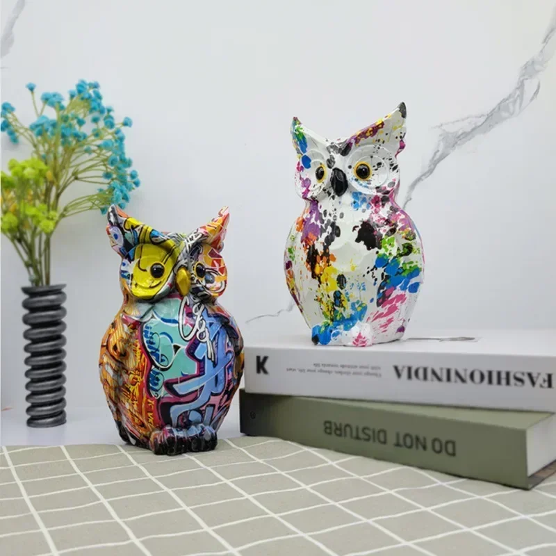 Creative Art Colorful Owl Ornaments Creative Water Transfer Animal Resin Crafts Home Office Decorations  Home Accessories