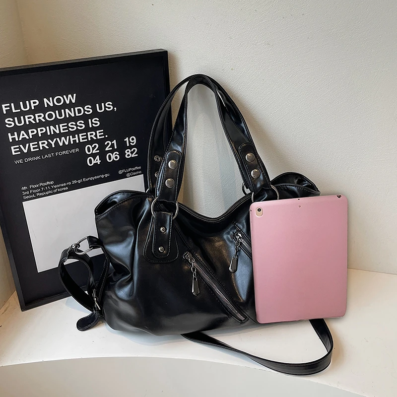 Women Vintage Wine Red Soft PU Leather Shoulder Handbag Large Capacity Multi Zipper Crossbody Bags Casual Daily Tote Purse