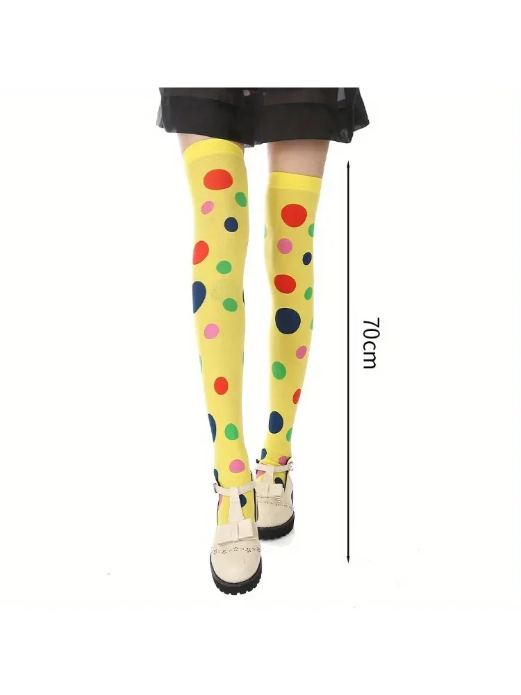 Clown Socks Long Knee High Socks Colorful Vibrant Dot Rainbow Socks with Clown Headband Halloween Carnival Circus Stage Costume