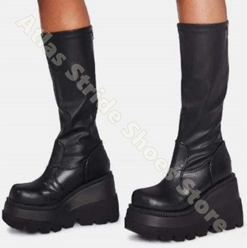 

Knee High Boots Y2K Platform Chunky Heel Zip Up Boots Elastic Gusset Stretchy Faux Leather Lace Up Long Boots Classic Boots
