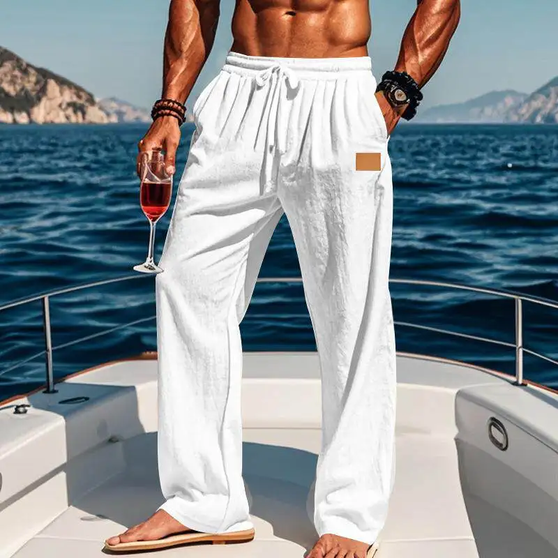 Casual Cotton Linen Straight Leg Pants Men's Summer Thin Beach Leisure Belted Drawstring Trousers Neutral Color  Pattern