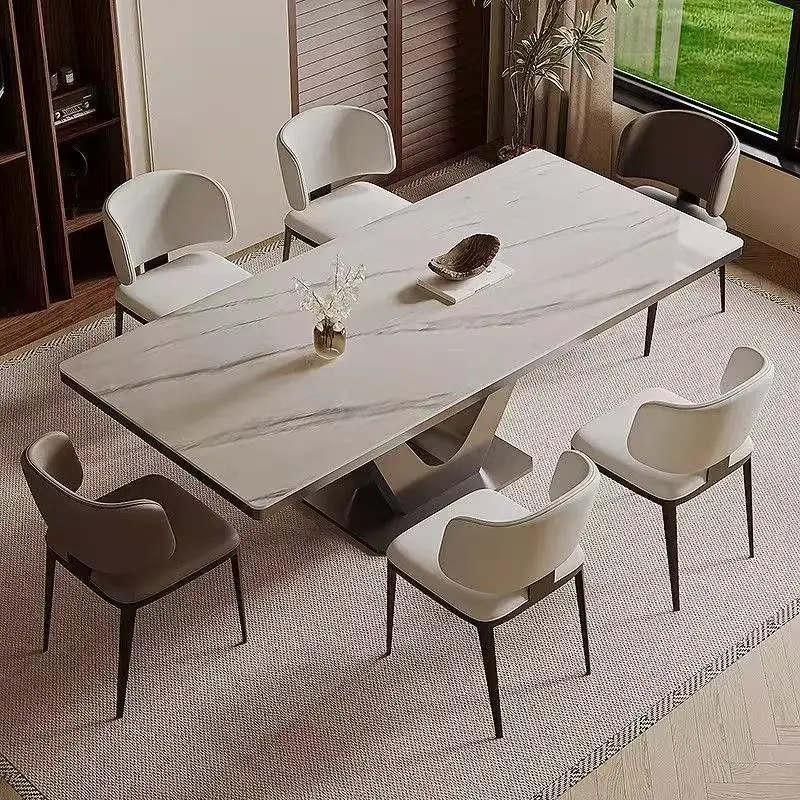 

/For Apartment Use Includes Living Room Furniture/Modern Minimalist Stainless Steel Rectangular Dining Table Rock Plate Design