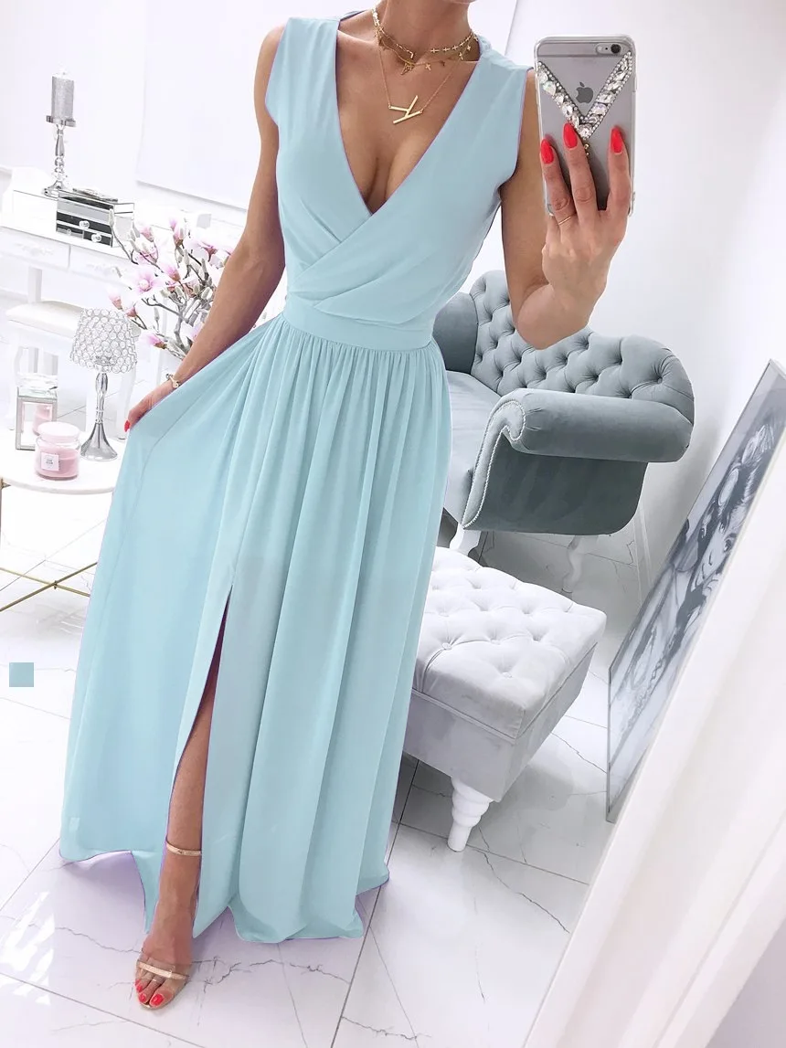 Summer New Sleeveless Solid Color V-neck Dress Women Pullover Polyester High Waist Dress