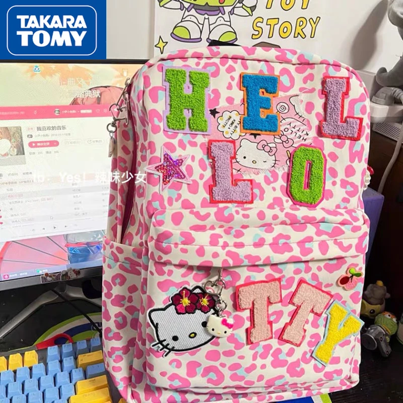 

TAKARA TOMY Hello Kitty New Girl Embroidered Leopard Print Pink Casual Double Student Large-capacity Double-layer Cute Schoolbag