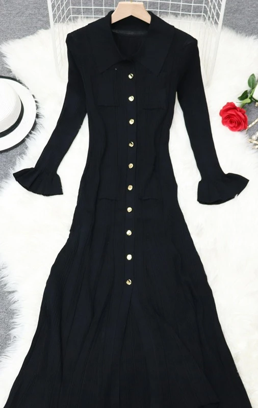 우아한 칼라 싱글 브레스티드 롱 슬리브 드레스 2025 유행 여성 하이웨이스트 드레스