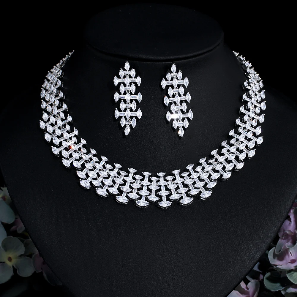 CWWZircons Super Shiny White Cubic Zirconia Big Chunky Party Wedding Necklace Bridal Jewelry Sets Costume Accessories T726