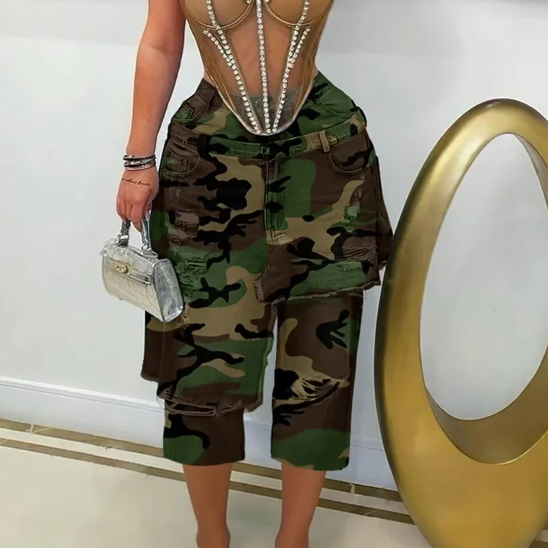 

GUWU Women's Fashion Camouflage Vintage Spliced Ripped Straight Leg Cropped Denim Pants