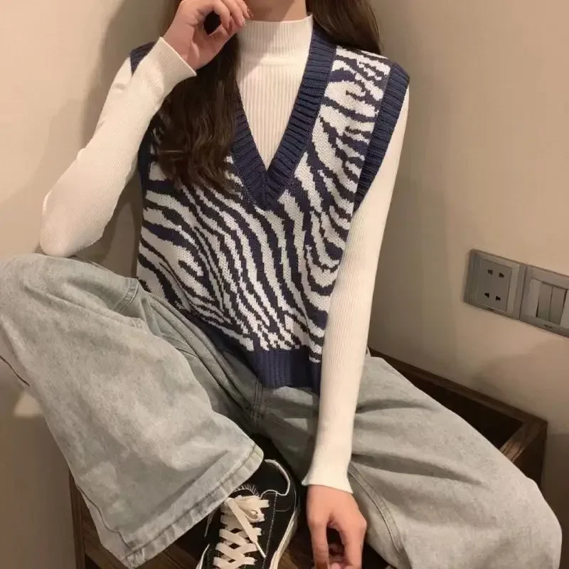 Chaleco de punto con estampado de cebra para mujer, suéter sin mangas con cuello en V, prendas de vestir exteriores a la moda, chaleco suelto para primavera, Otoño e Invierno