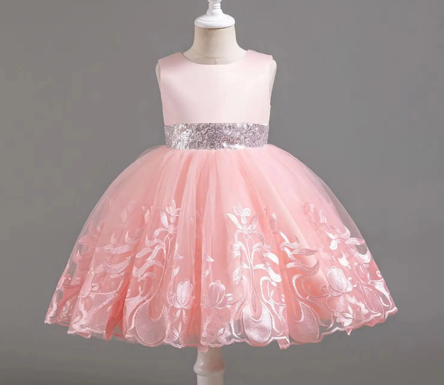 Girls Silver Sash Dress Kid Daily Holiday Dresses Child Girly Clothes Tulle Princess Ball Gown