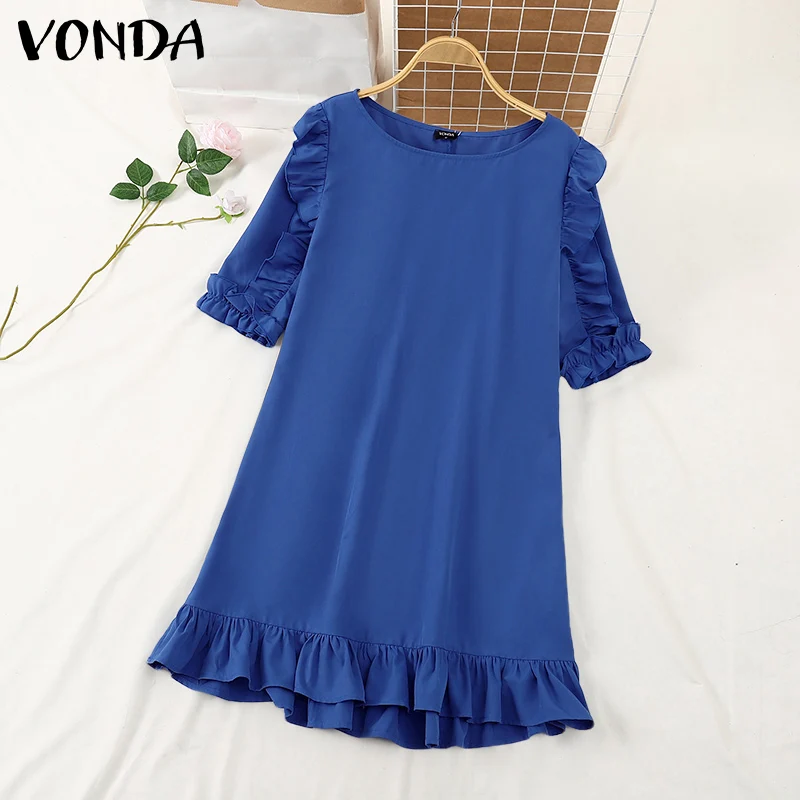 VONDA Women Mini Dress 2025 Elegant Ruffled Sundress Casual Half Sleeve Solid Sundress Summer Holiday Lady Vestidos Robe