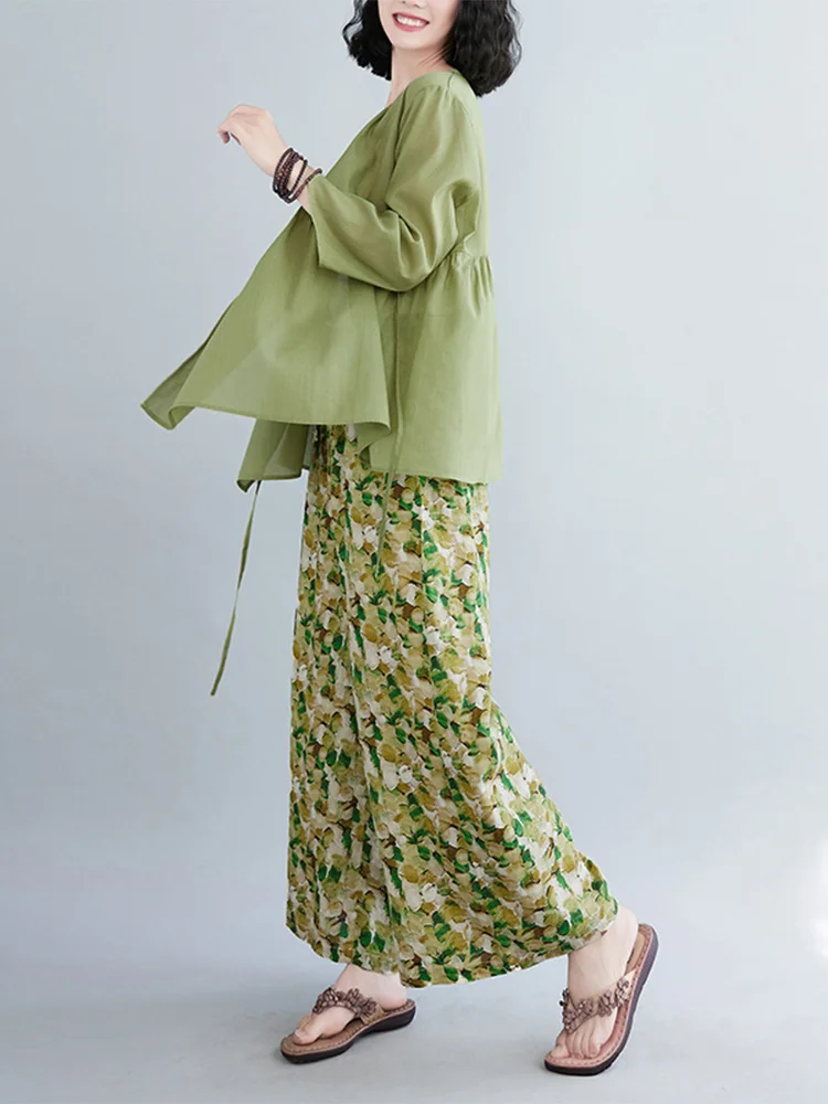 Retro Japońskie Szerokie Spodnie Damskie Casual Cienkie Kwiatowe Bawełniane Lniane Luźne Spodnie z Wysokim Stanem Do Pracy Letnie