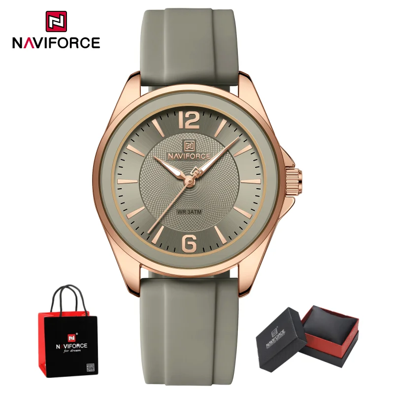 NAVIFORCE Ladies Round Quartz Watch 3ATM Waterproof Silicone Strap Rose Gold Elegant Casual Female Dress Wristwatch Gifts box