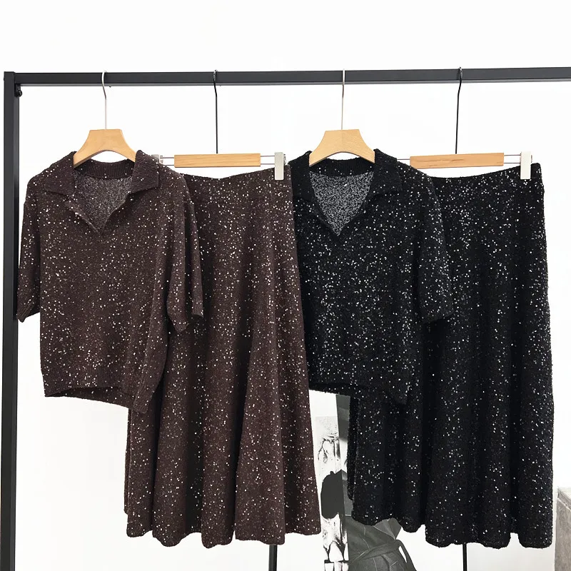 

New 25 Women's Casual suit Lapel Short-sleeved Top Skirt Knitted Shirt Beaded Skirt Two-piece Set