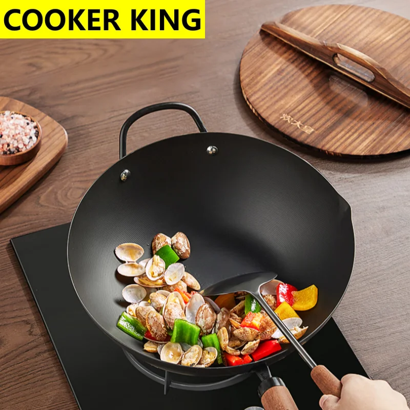 

COOKER KING Железная сковорода с антипригарным покрытием Сковорода вок с крышкой и деревянной ручкой для всех плит Индукционная варочная панель Домашние рестораны