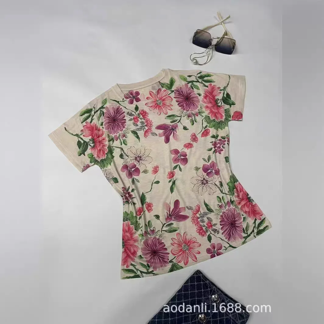 2025 Fashion Printed T Shirts Women Vintage Clothes Classic Style Casual Flower Pattern O Neck Short Sleeve Tops Tee Shirt Femme