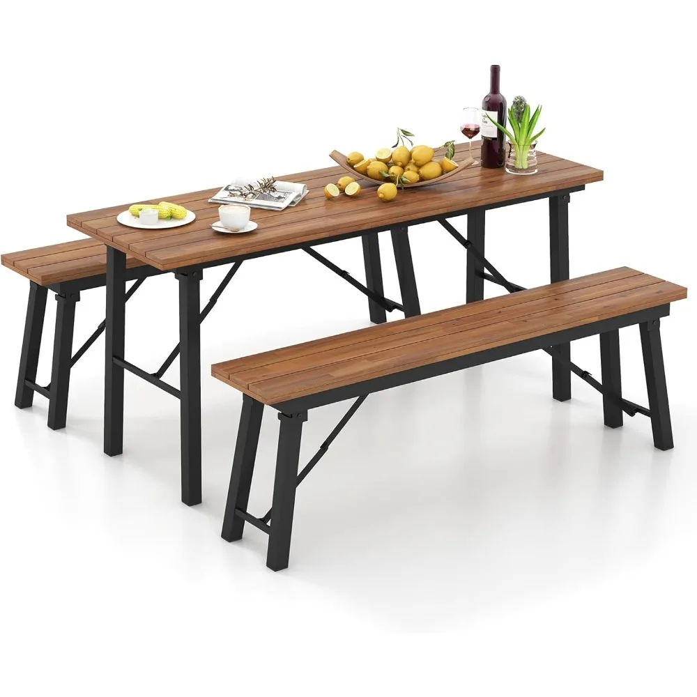 Outdoor Dining Table With Benches for 4-6 Persons, No Assembly Foldable 59 Inches Narrow Patio Dining Table with Acacia Wood Top
