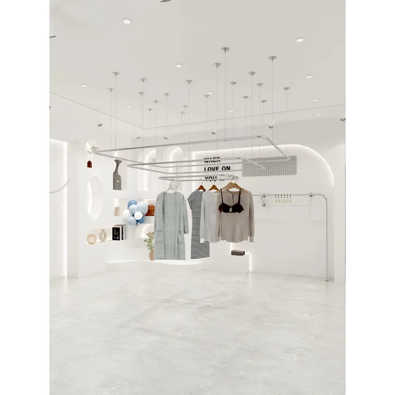 custom.Custom Size Stainless Steel Electroplated Polished Gold Garment Display Rack to Attach to Ceiling Clothing Store