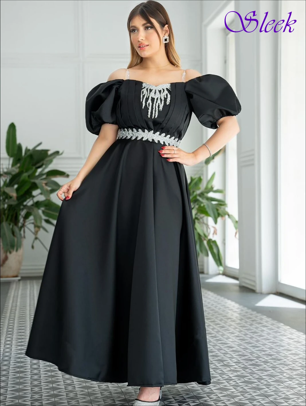 فستان سهرة رسمي أنيق مخصص برقبة قارب على شكل حرف A وأكمام قصيرة، فساتين مناسبة كلاسيكية حديثة للحفلات