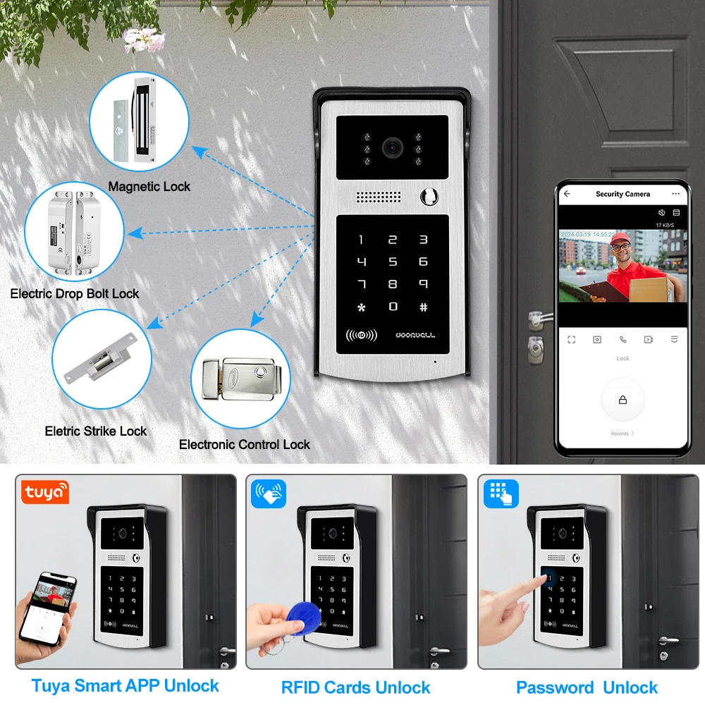 WiFi Tuya RFID Video Camera Doorbell 1080P HD Color Video Door Phone Intercom System Outdoor  with IR Night Vision, APP Unlock