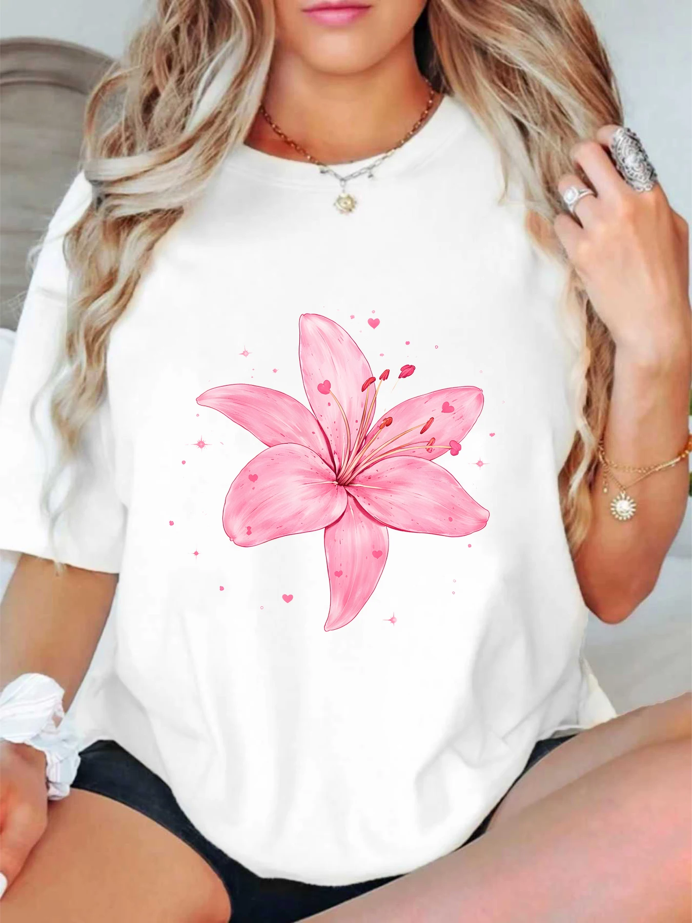 

【ZXH11426】Flower print plus size women's round neck summer casual short sleeved street fashion versatile T-shirt