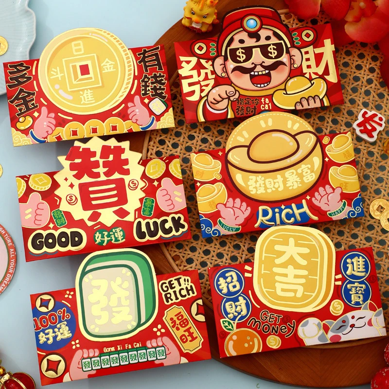6pcs Gilded Cartoon Snake Red Envelope Solid Blessings Printing Lucky Money Bag Mixed Pattern Thickened Red Packet 2025 Year