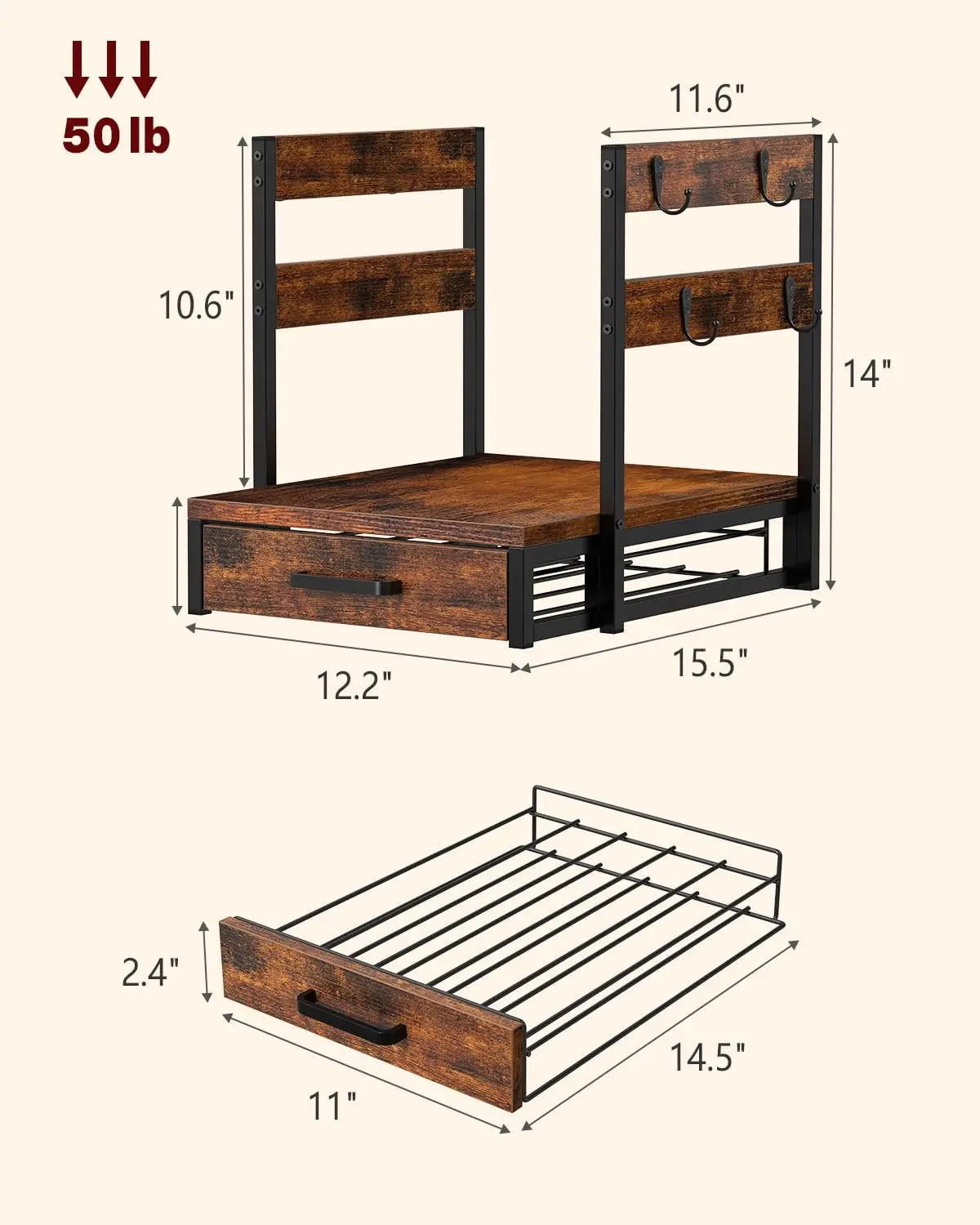 Coffee Pod Drawer for K Cup, 35 Pods Holder Storage Organizer with Cup Rack, Sturdy Maker Stand for Countertop, Rustic Brown