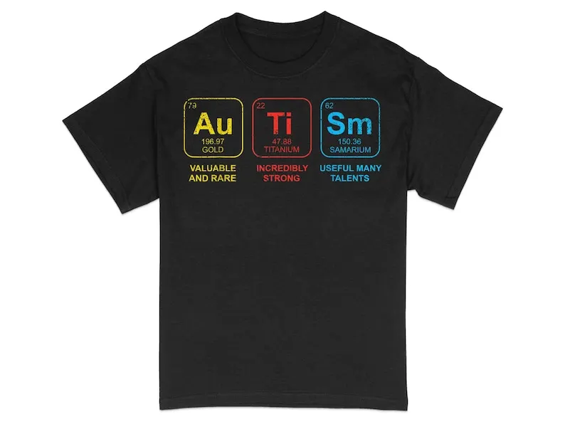 

Autism Awareness Periodic Table Elements T-Shirt, Gold Titanium Samarium, Science Geek Tee, Unique Chemistry Shirt