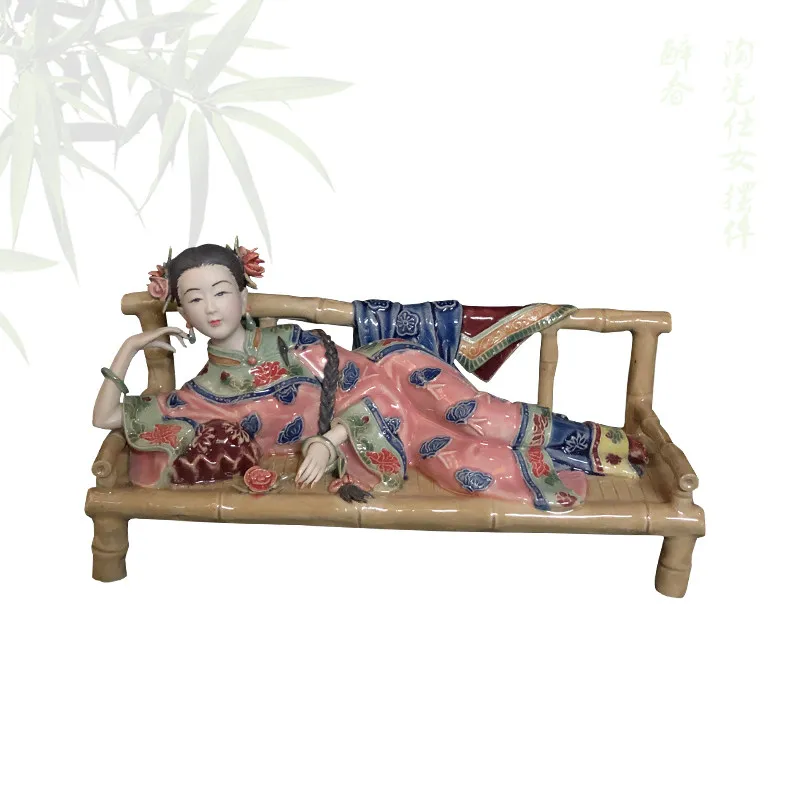 Shiwan Ceramic Lady Figurine, Oriental Art Decor for TV Cabinet & Wine Cabinet, Traditional Craft Gift