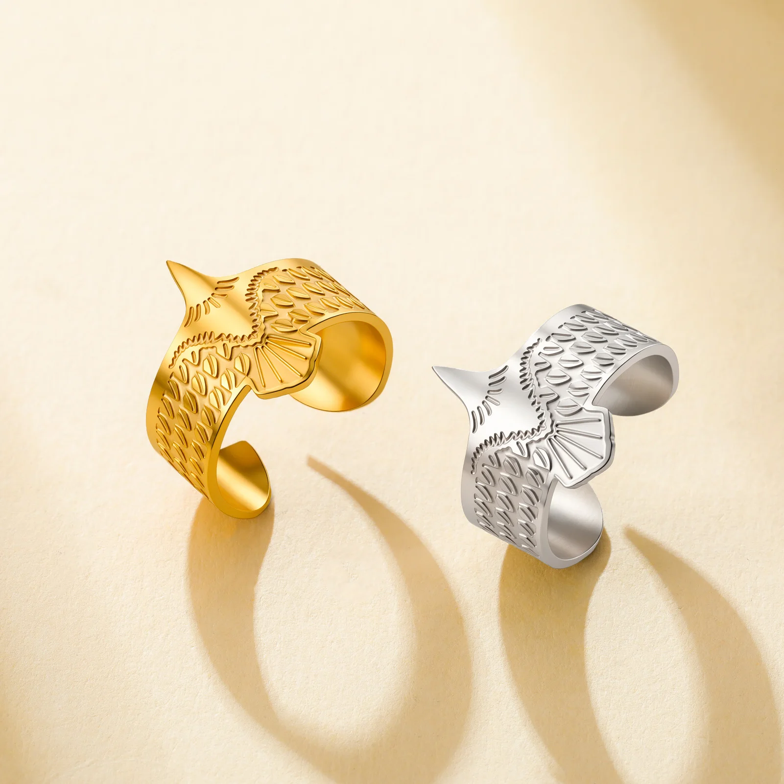 HIPEE Vintage Engraved Eagle Open Cuff Ring Stainless Steel Spread Wings Eagle Wide Band Adjustable Ring for Men Women